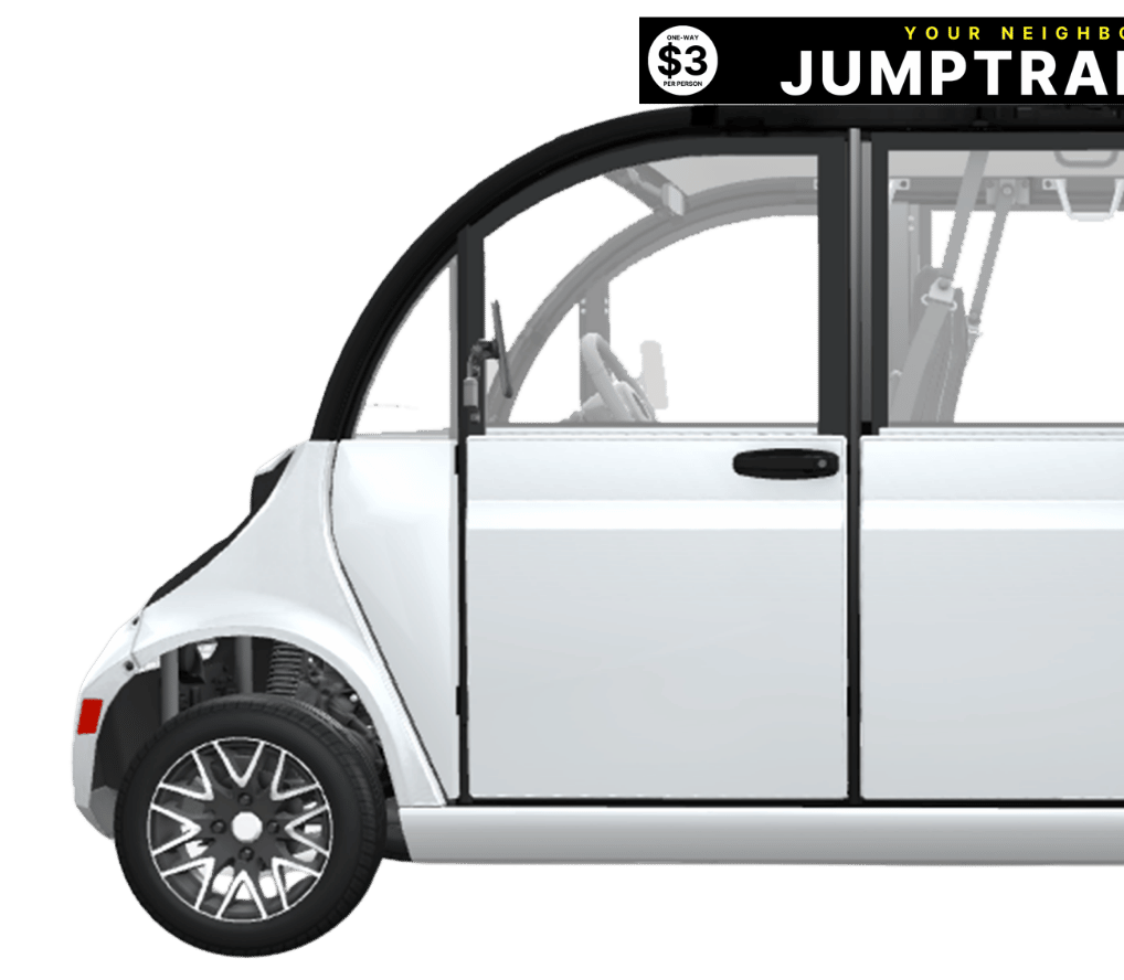 JUMP electric neighborhood shuttle with rooftop fare sign